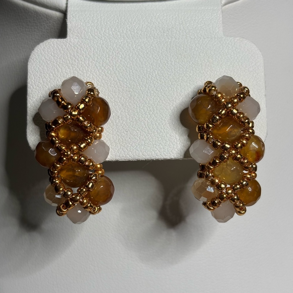Hand crafted agate post earrings elegant two tone brown and cream beads